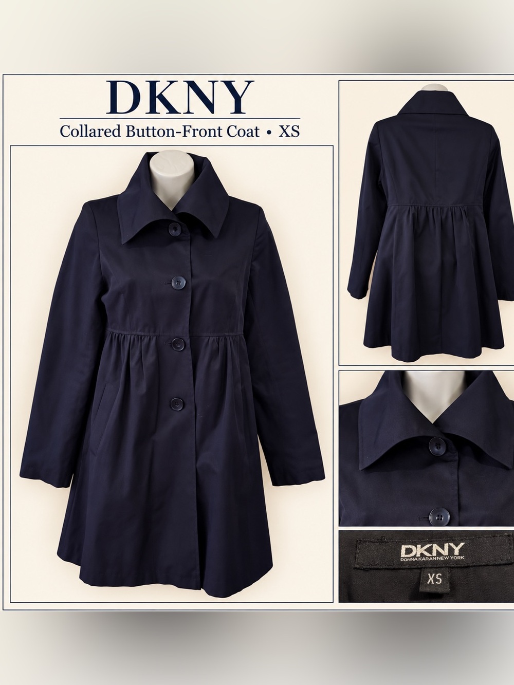 DKNY XS Empire Waist Coat Gathered A-Line Button Front Collared Trench Coat NWOT